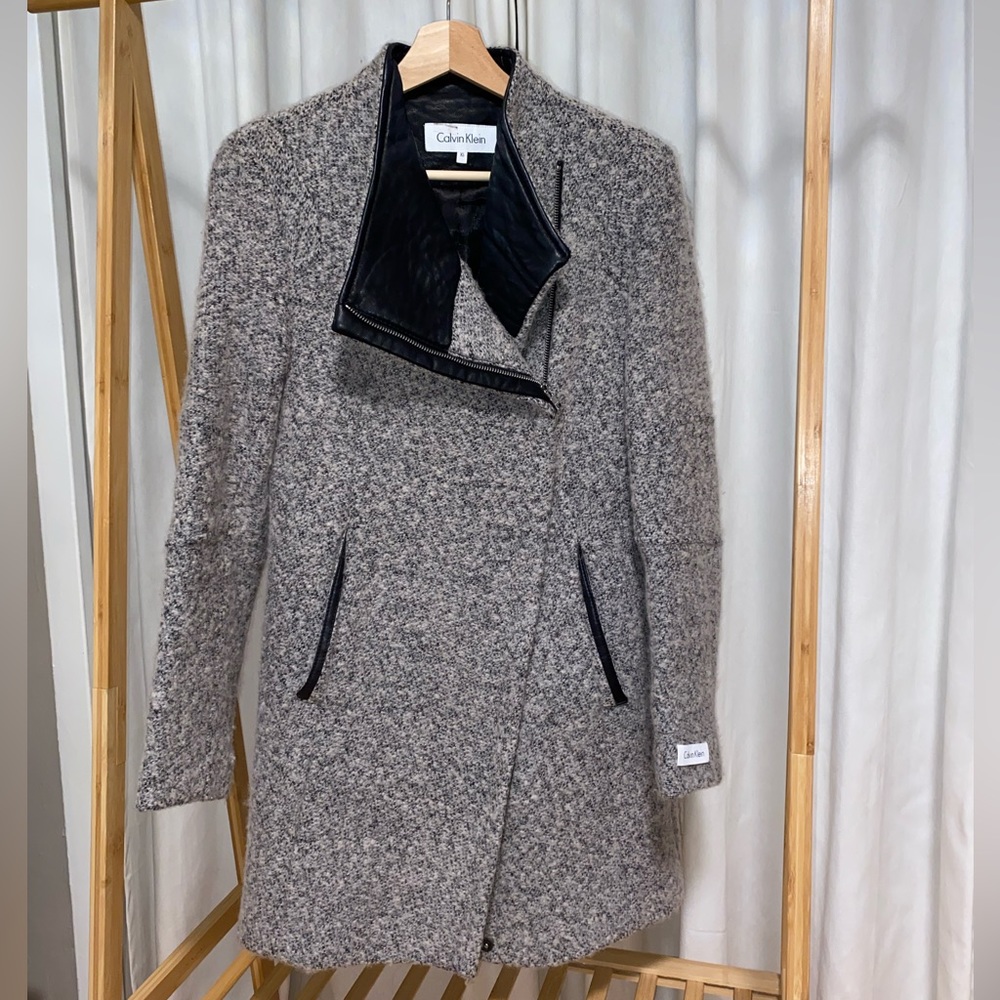 Calvin Klein Bouclé Asymmetrical Zip Moto Coat Tweed, Size XS
